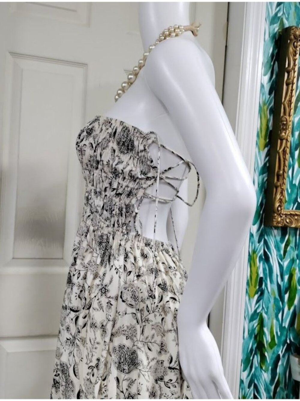 ASTR the Label Floral Print Maxi Linen Dress With Smocked Bodice Back Tie S - Picture 4 of 11